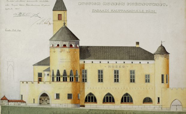 Kuopion museorakennuksen alkuperäinen väritetty piirros "fasaadi kauppakadulle päin"