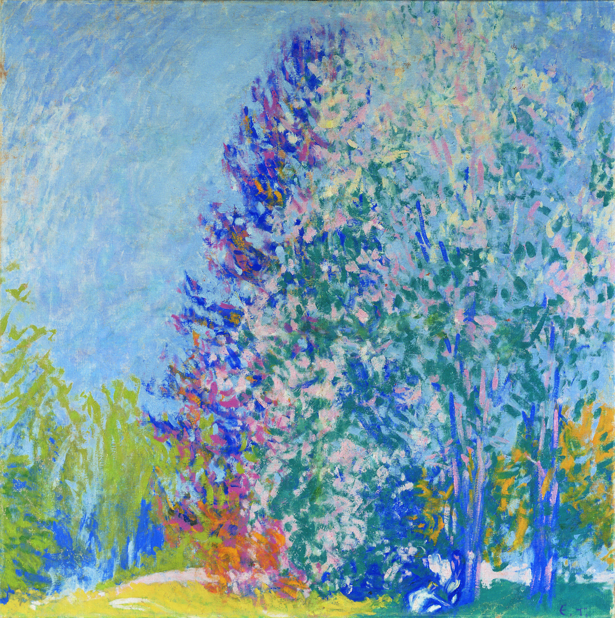 värikäs maalaus suuresta puussa, jonka varjossa istuu ihmisiä