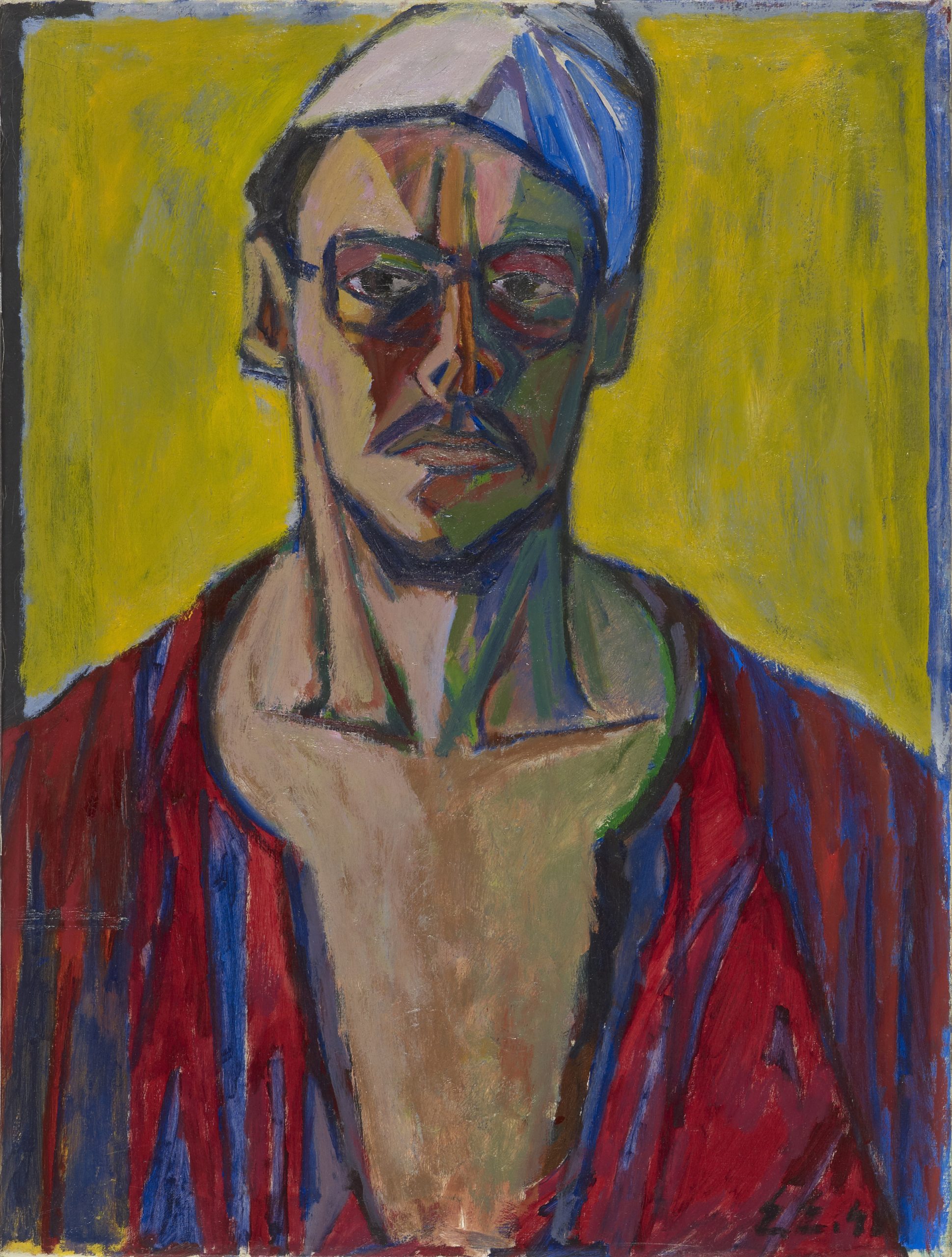 Värikäs maalattu silmälasipäisen miehen muotokuva.