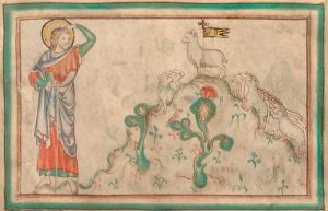 Vanha piirros Siionin vuorelta ja lampaasta. Lammas Siionin vuorella. Illuminaatio n. vuodelta 1255-1260. Lähde: Getty Open Content
