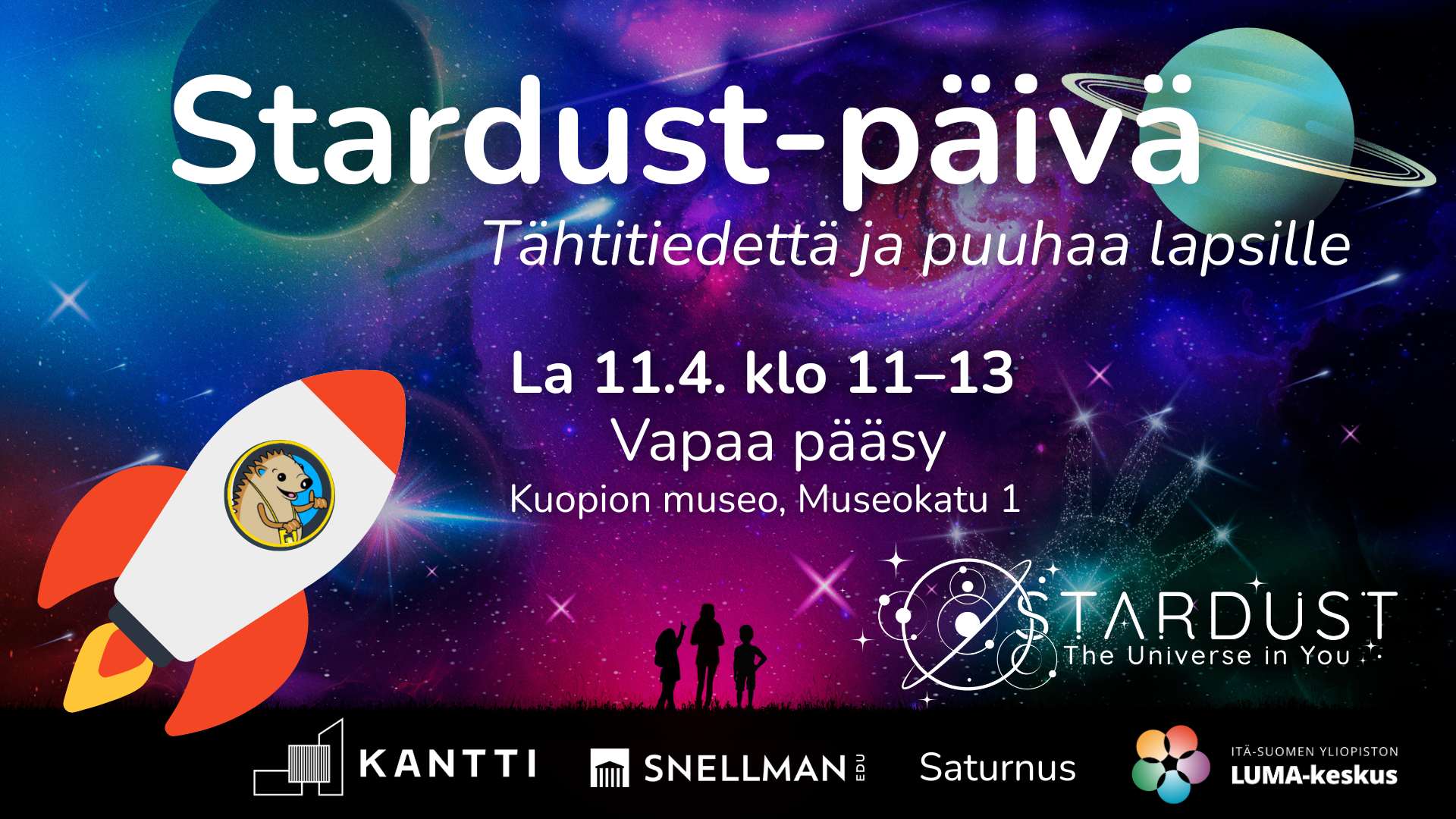 Lasten tiedepäivän juliste, taustalla universumi ja edustalla piirretty kuuraketti, kyydissä siili.