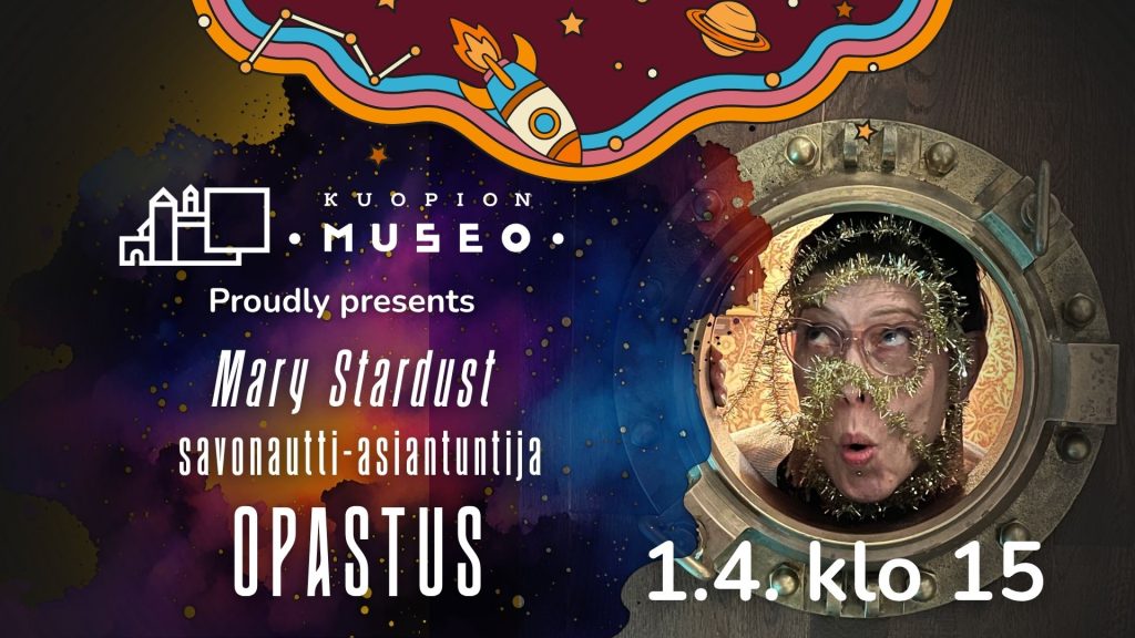 hassuttelukuva aprilliopastuksesta, oppaalla kasvoillaan kimalteita