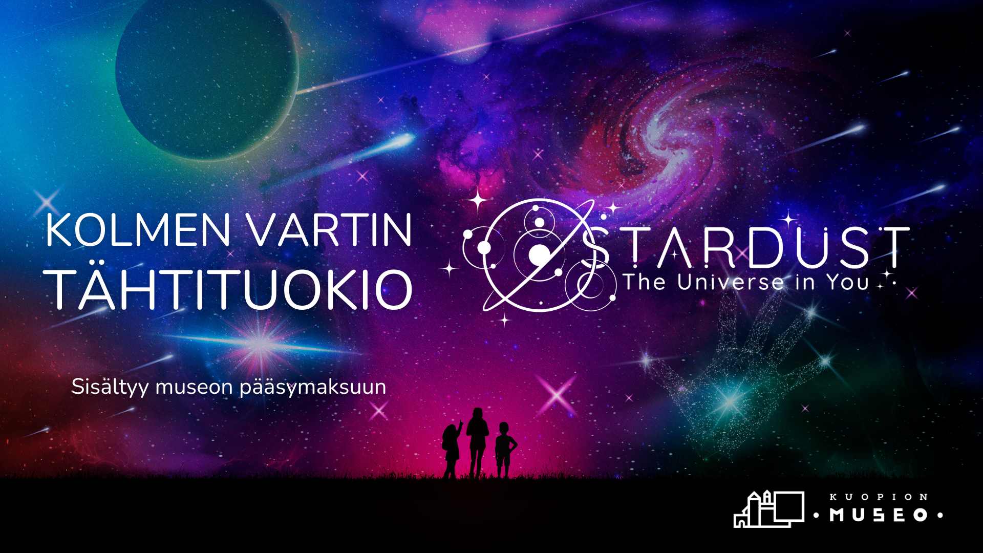 värikäs kuva universumista, ihmisistä silhuetteja