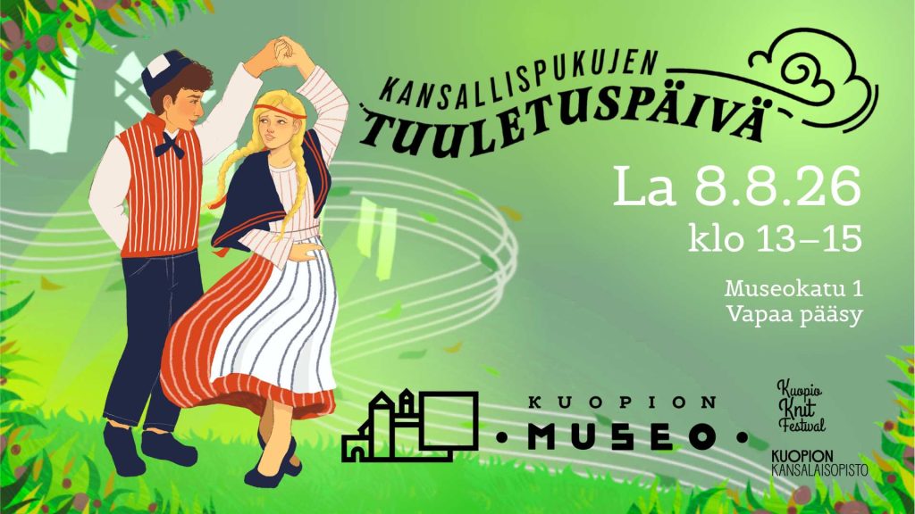 Piirroksena nuori kansallispukuihin pukeunut tanssipari