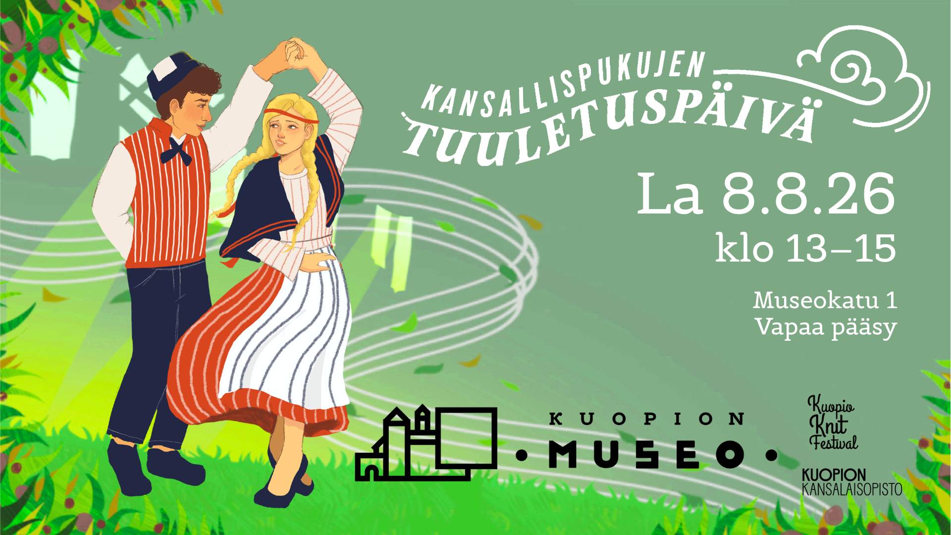 piirretty kansantanssipari kansallispuvuissa vihreällä taustalla