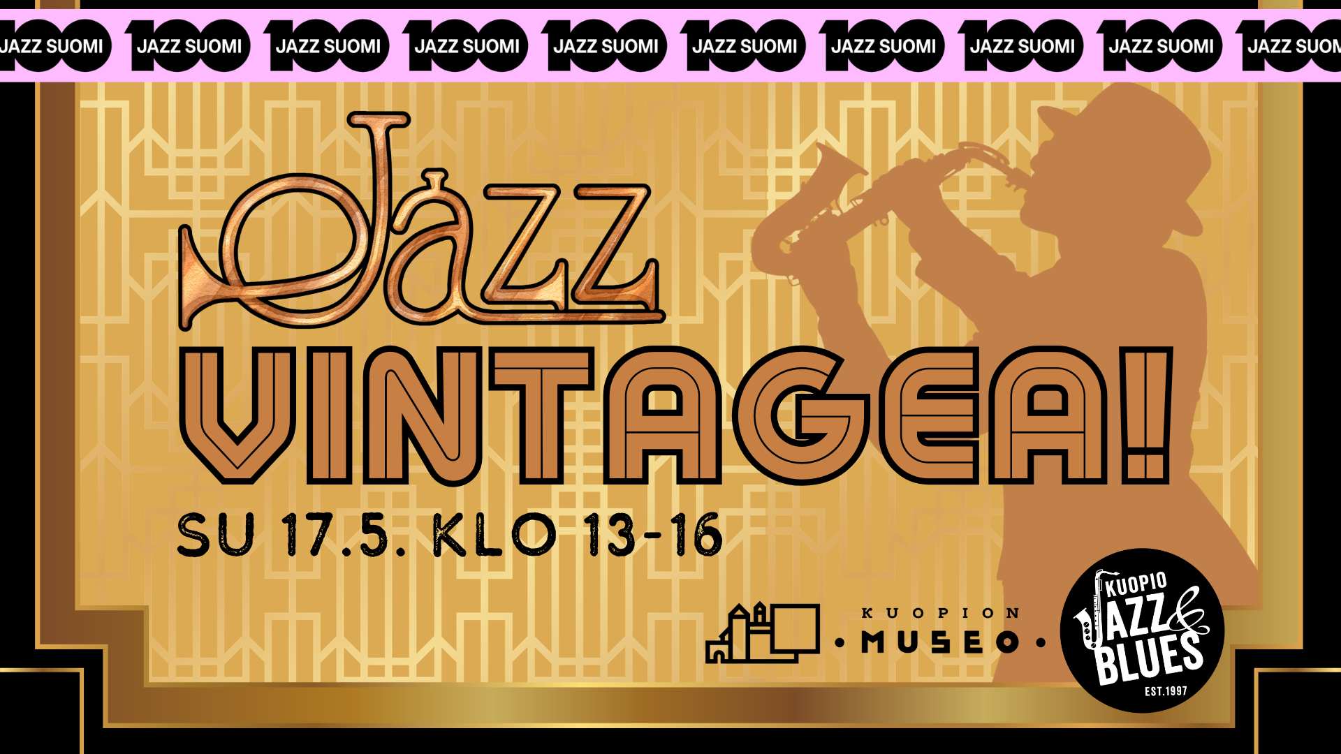 1920-luvun henkinen tapahtumajuliste ruskealla värityksellä, taustalla saksofonisti